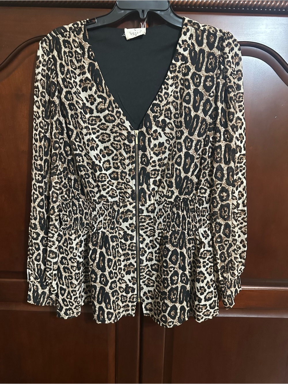 Leopard Print Zip-Front Women's Blouse - Black & Brown